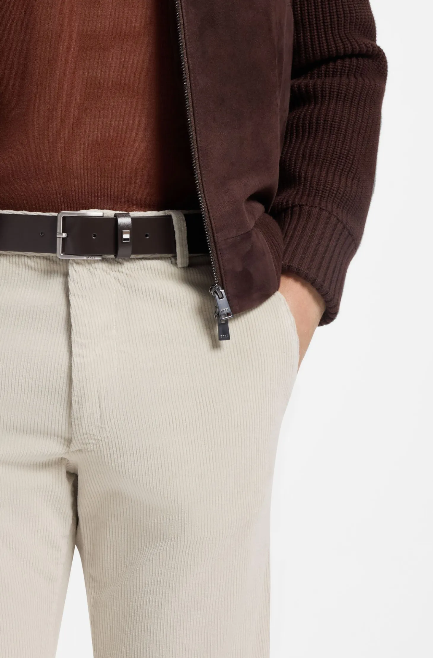 Italian-made leather belt with signature-stripe trim