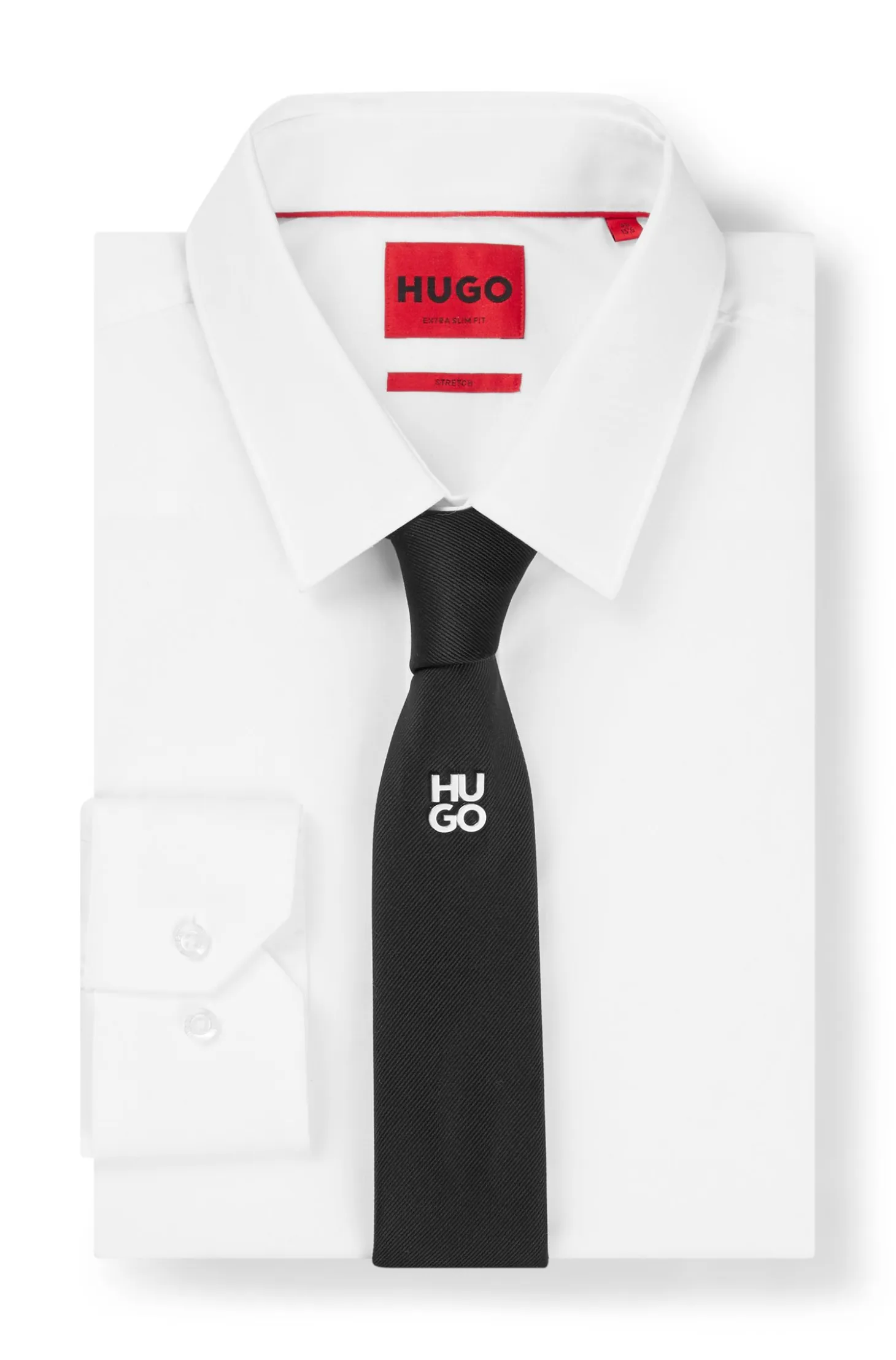 Jacquard-woven tie with metallic stacked-logo trim
