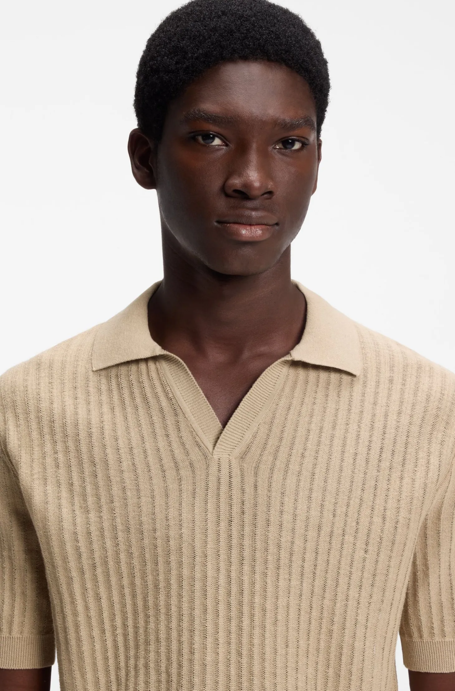 Johnny-collar knit polo in a cotton-linen jacquard