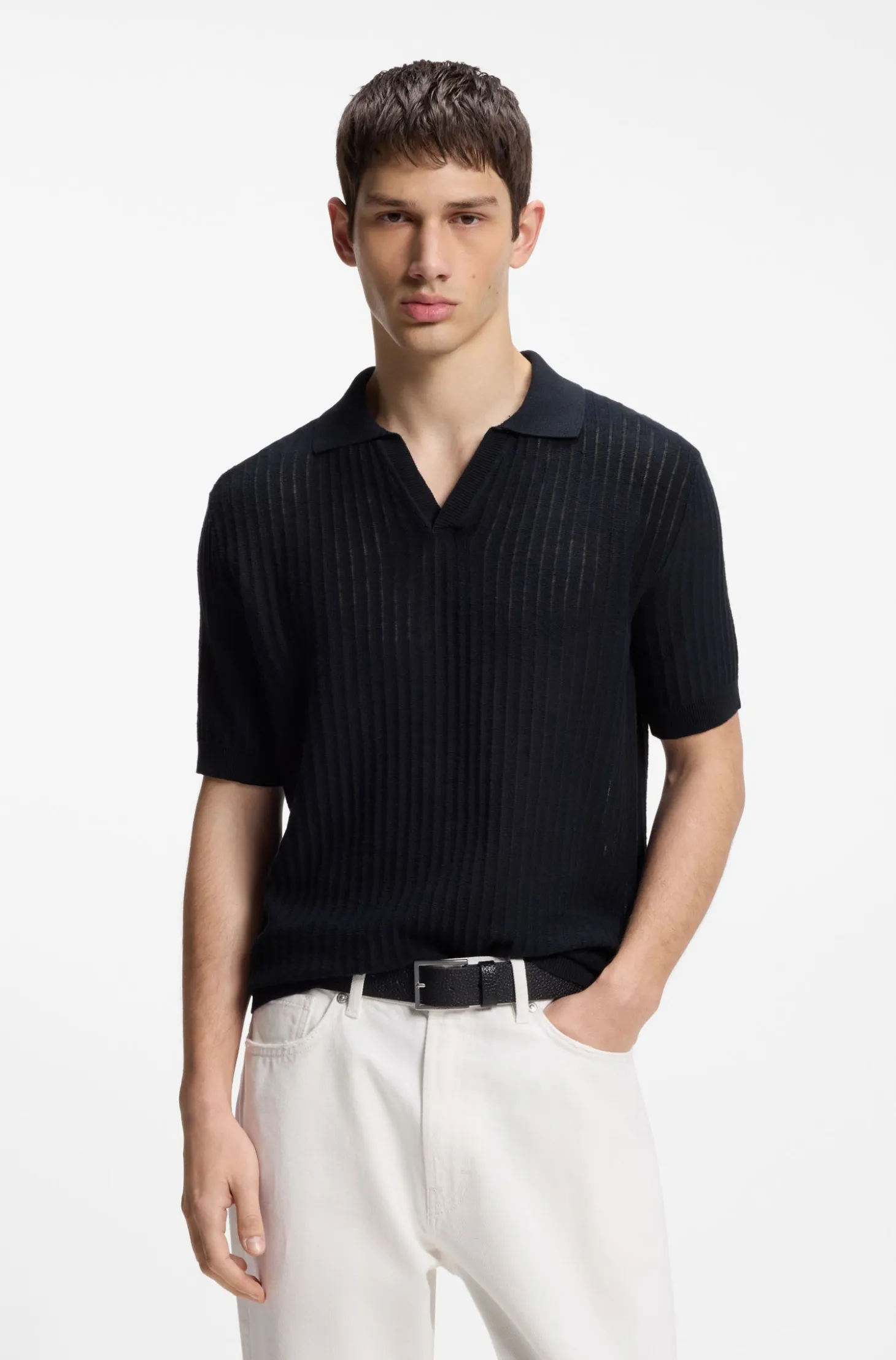 Johnny-collar knit polo in a cotton-linen jacquard