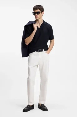 Johnny-collar knit polo in a cotton-linen jacquard