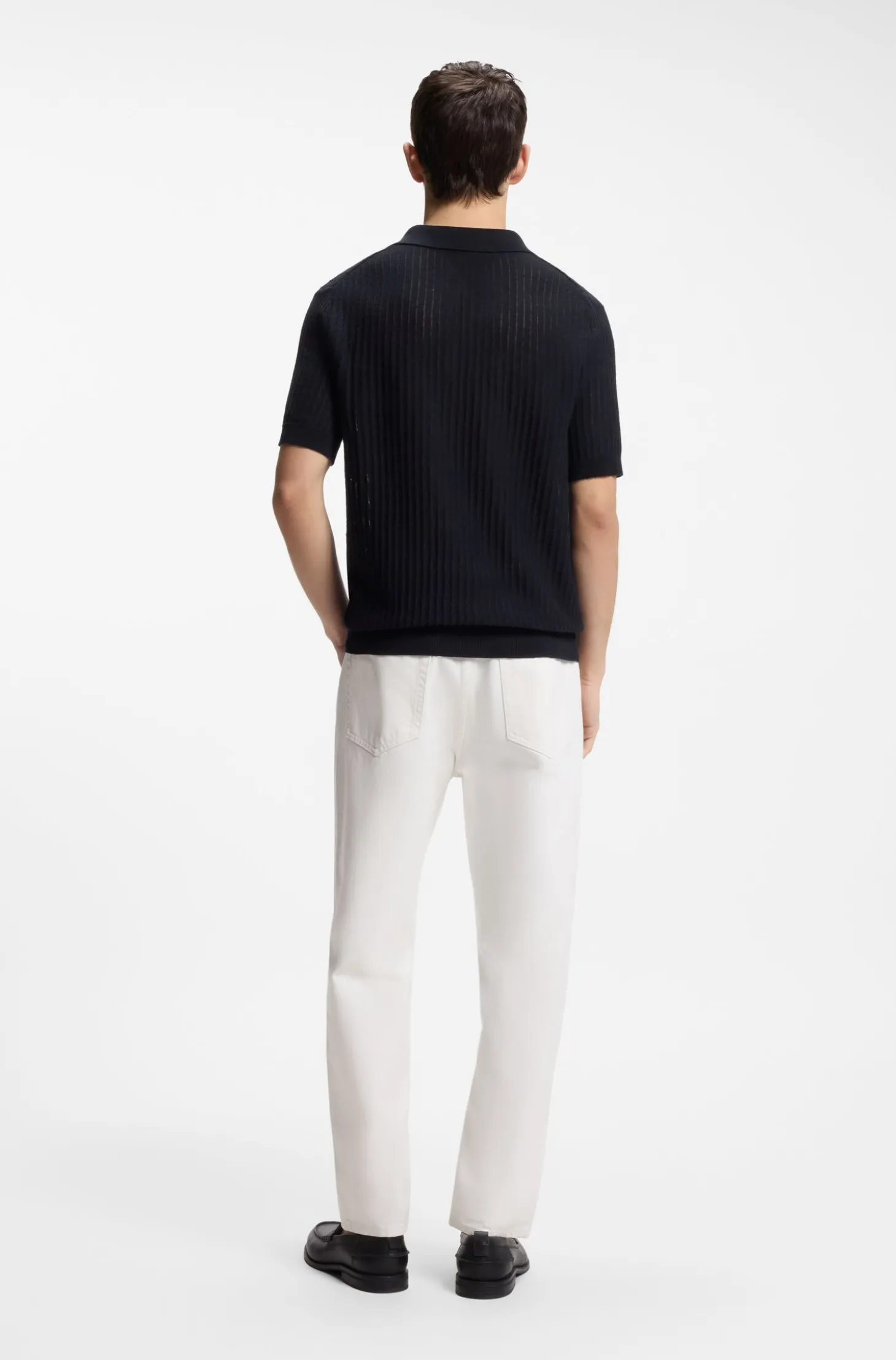 Johnny-collar knit polo in a cotton-linen jacquard