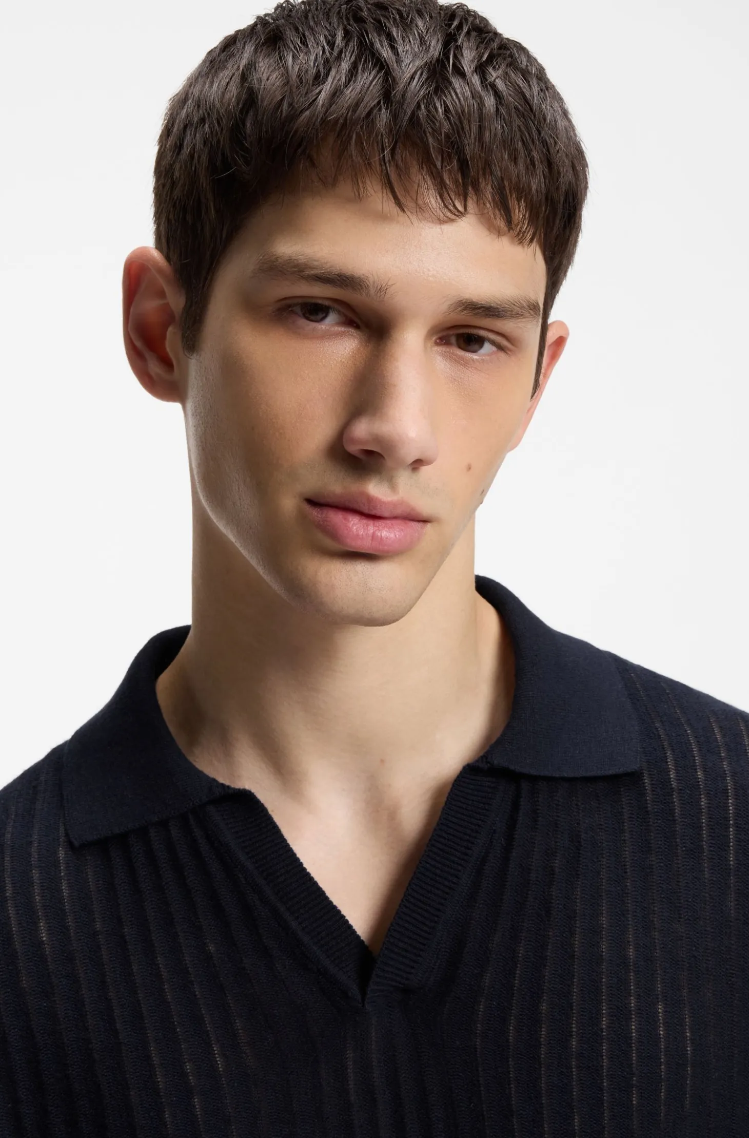 Johnny-collar knit polo in a cotton-linen jacquard