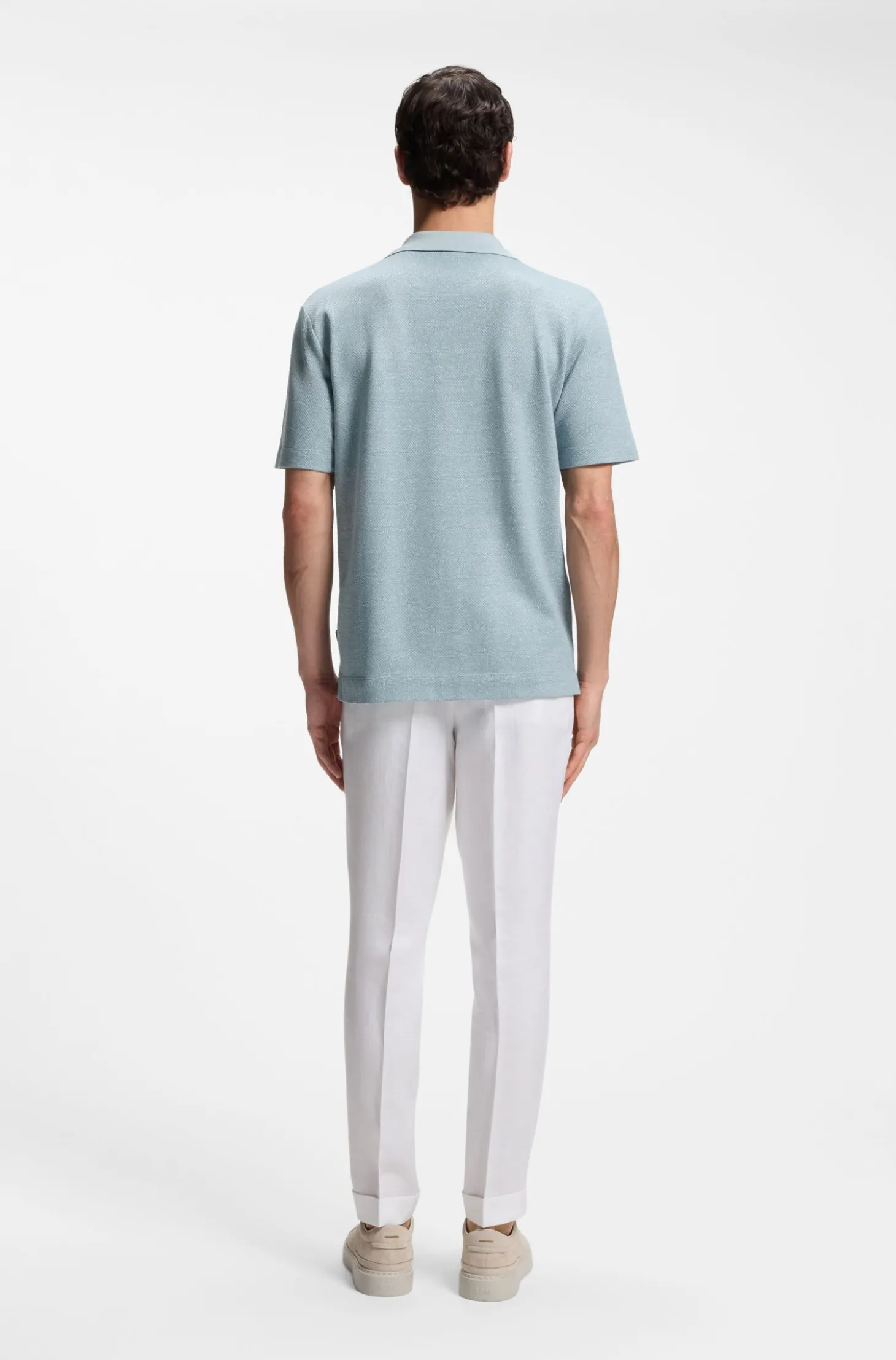 Johnny-collar polo shirt in cotton, linen and silk