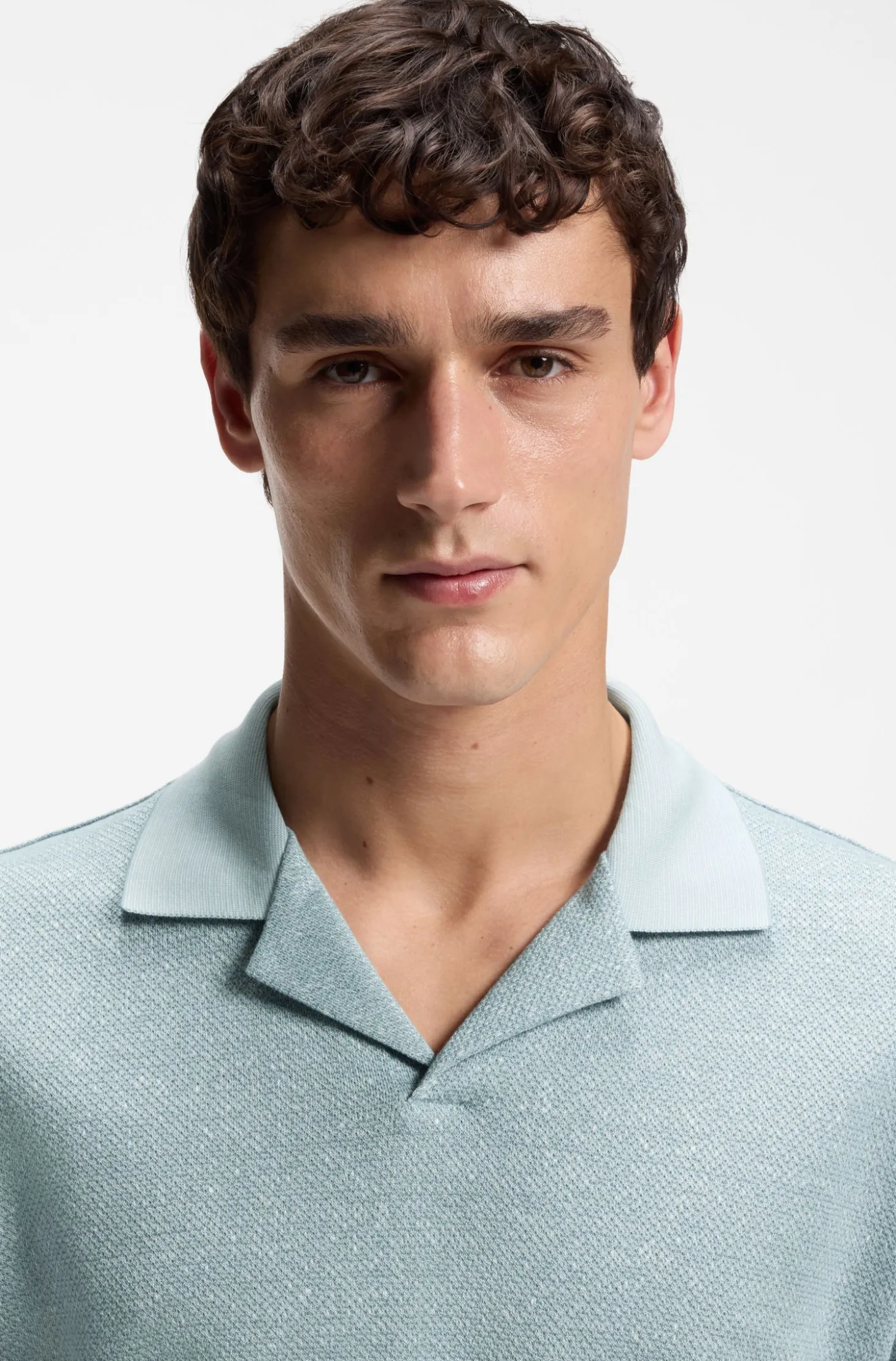 Johnny-collar polo shirt in cotton, linen and silk