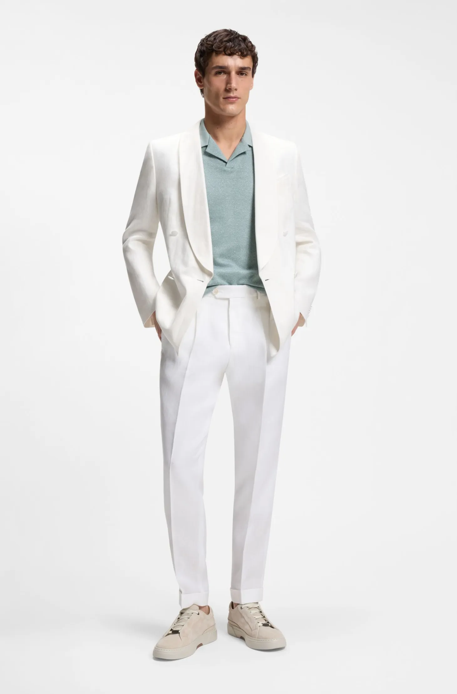 Johnny-collar polo shirt in cotton, linen and silk