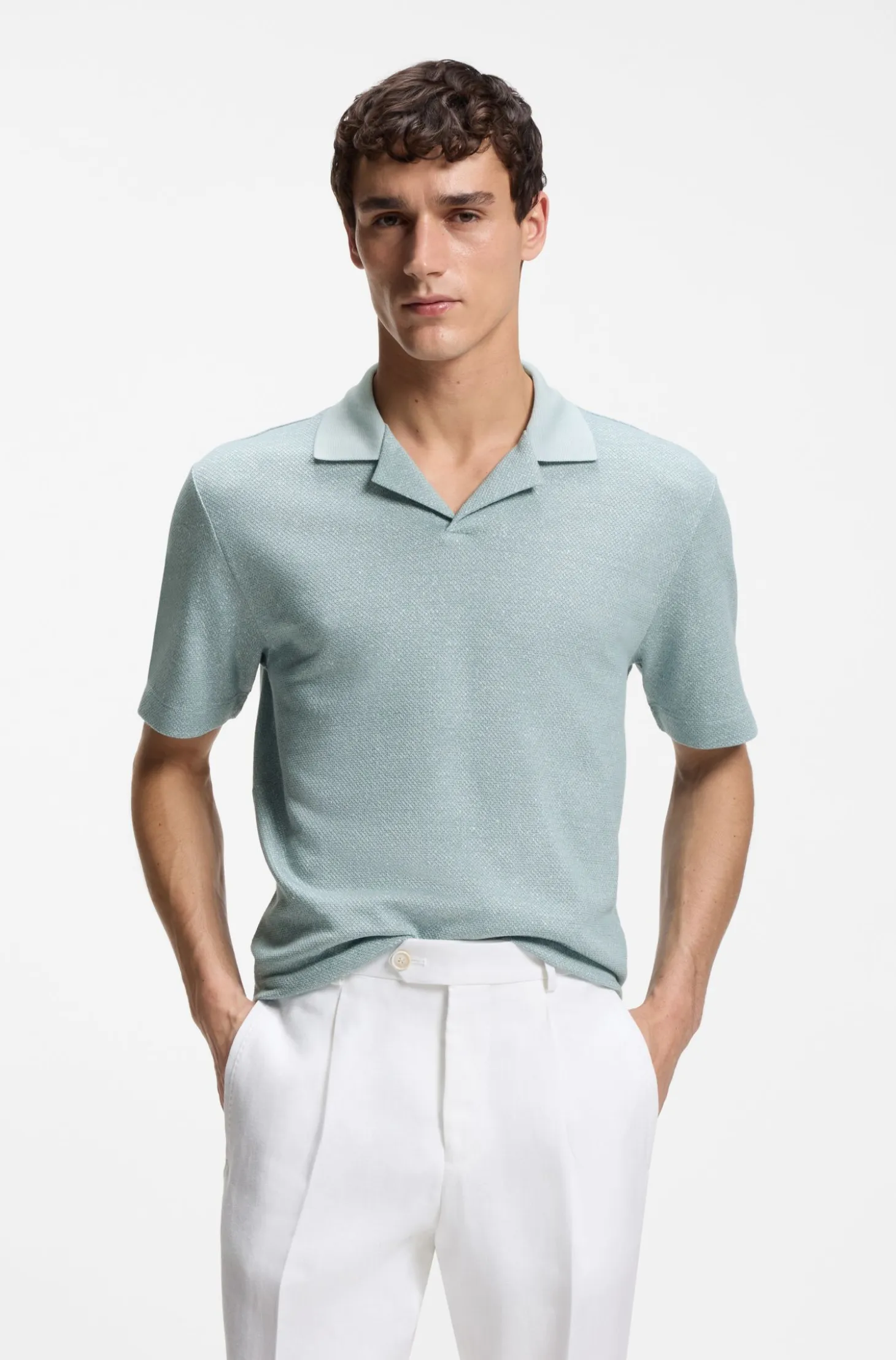 Johnny-collar polo shirt in cotton, linen and silk