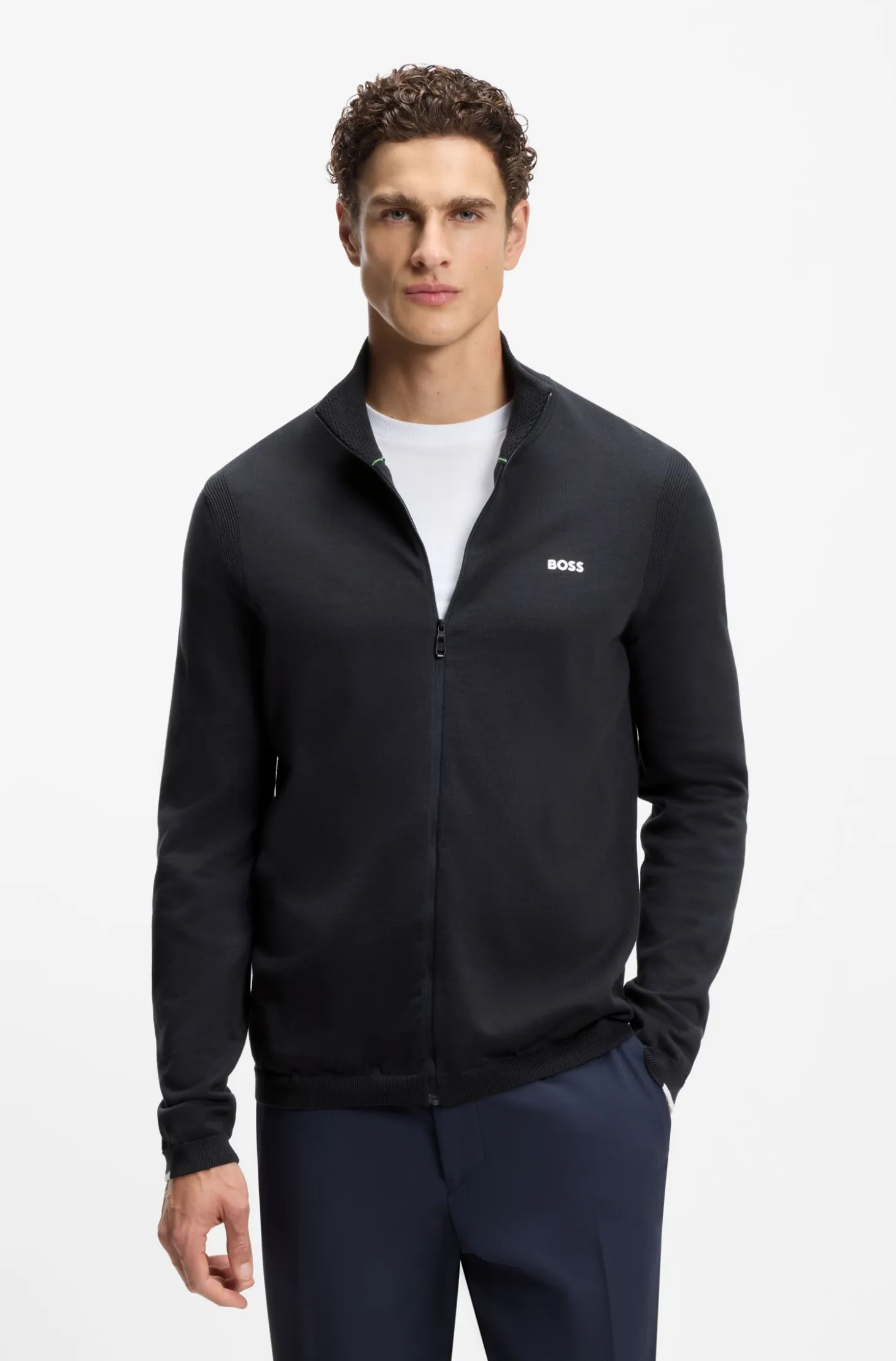 Knitted-cotton cardigan with contrast logo