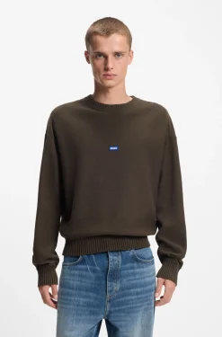 Knitted-cotton sweater with blue logo badge