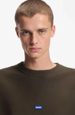 Knitted-cotton sweater with blue logo badge