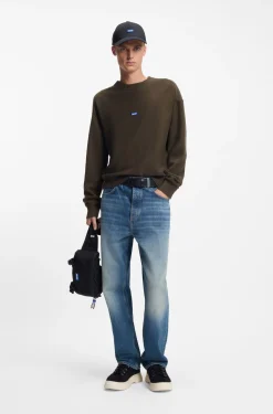 Knitted-cotton sweater with blue logo badge