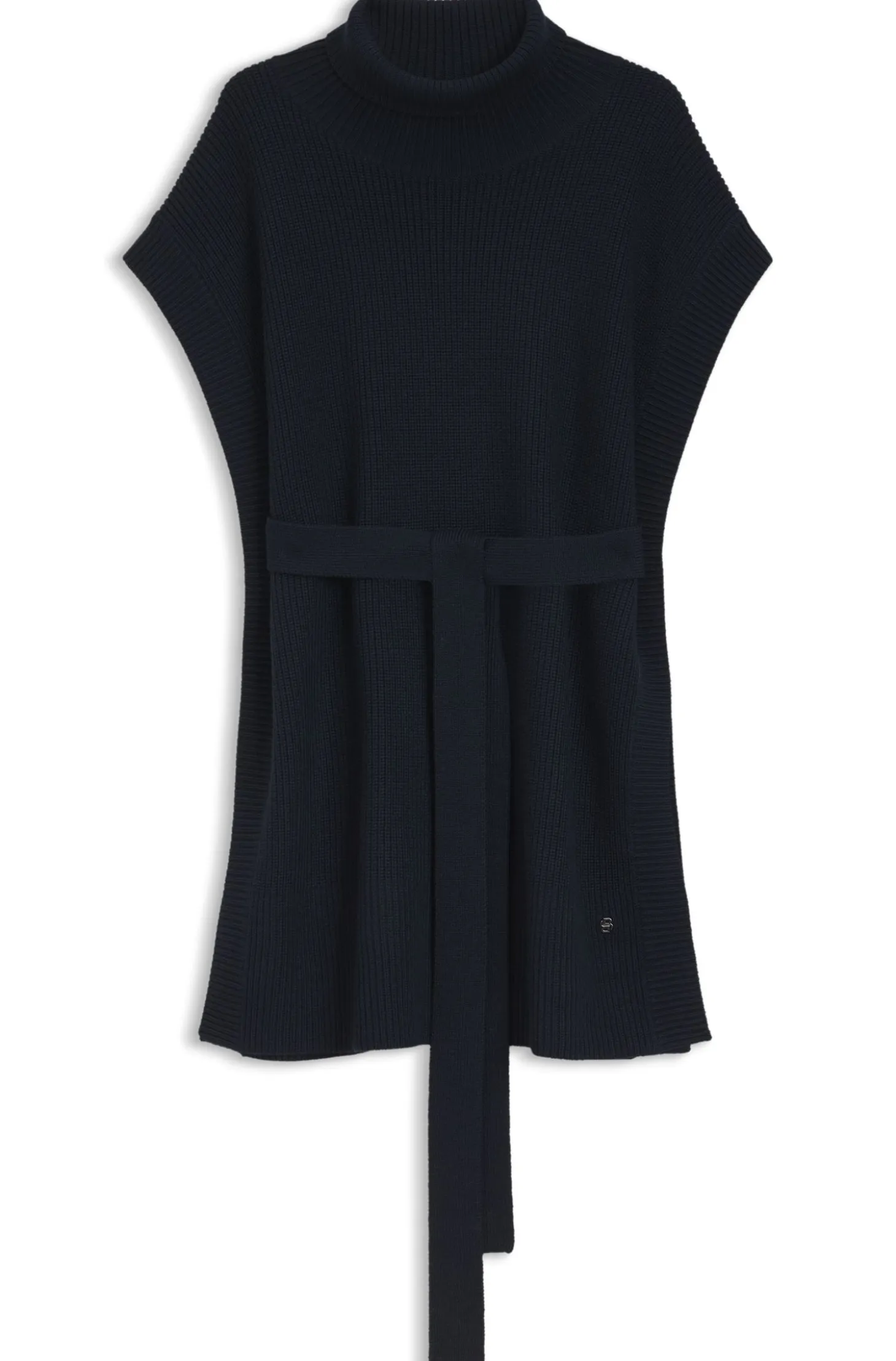 Knitted poncho in virgin wool with high neckline