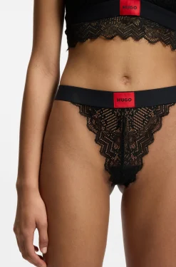 Lace thong with red logo label