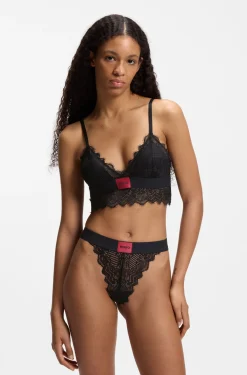 Lace-trim bra with red logo label