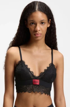 Lace-trim bra with red logo label