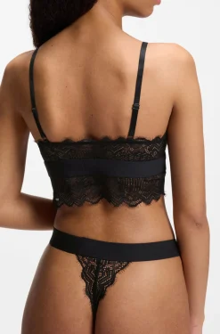 Lace-trim bra with red logo label