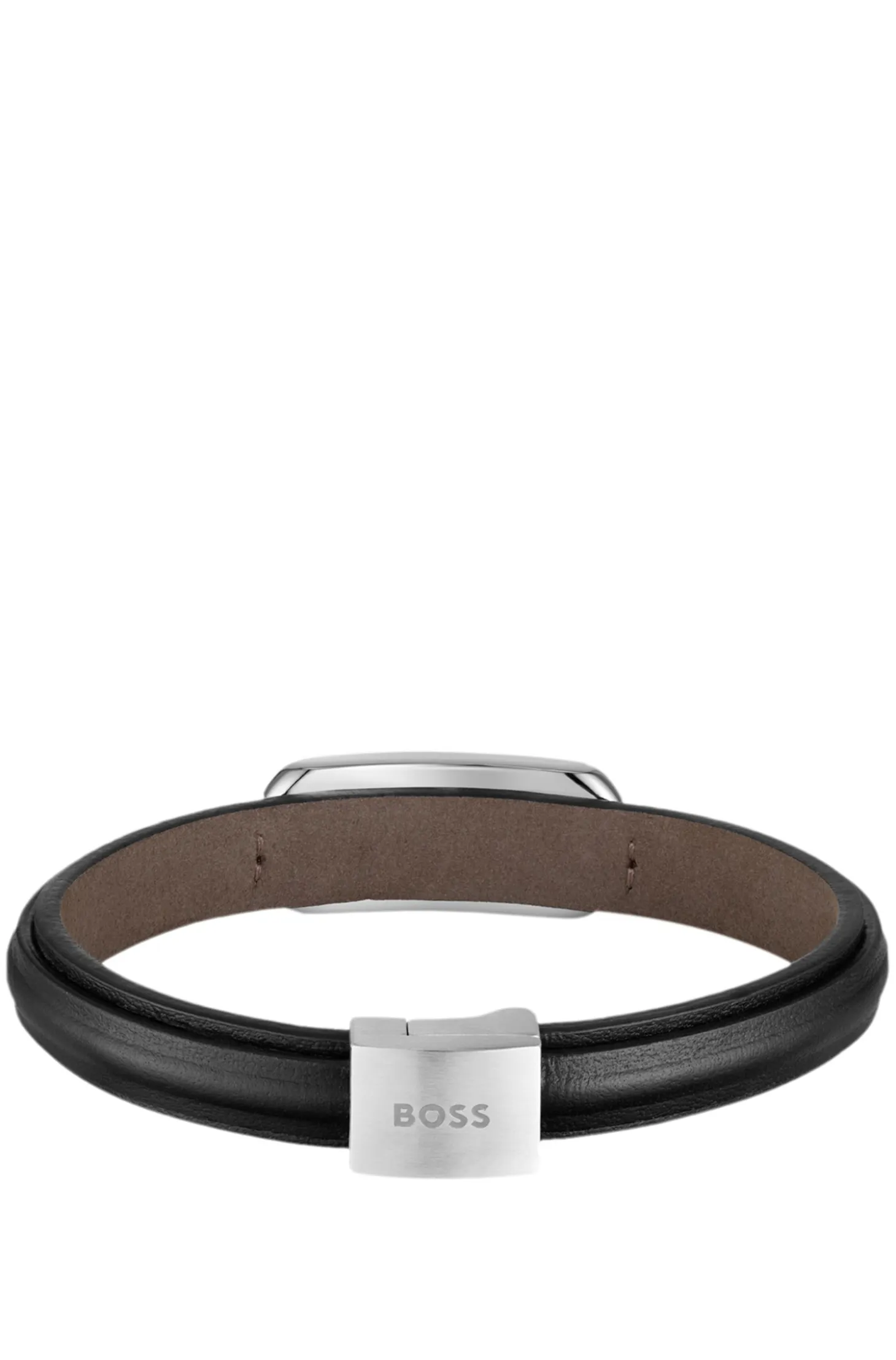 Layered leather cuff with branded silver-tone link