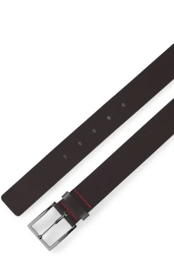 Leather belt with engraved-logo buckle