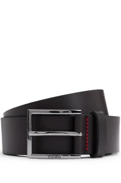 Leather belt with engraved-logo buckle