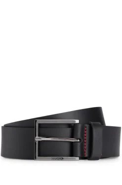 Leather belt with engraved-logo buckle