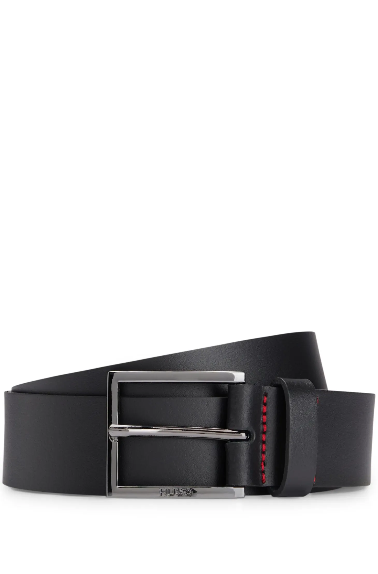 Leather belt with engraved-logo buckle