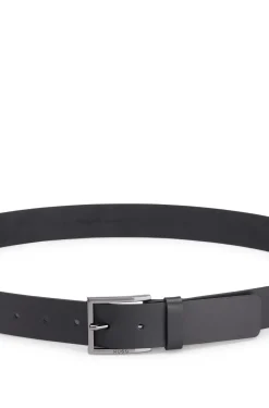 Leather belt with engraved-logo buckle