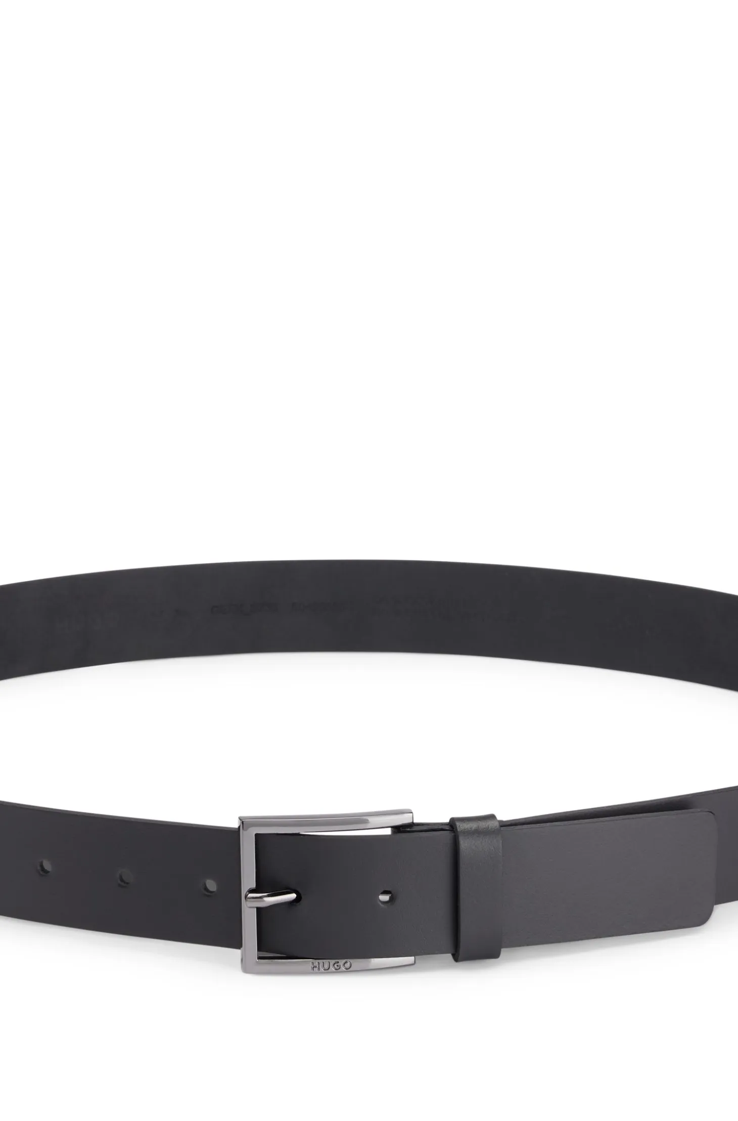Leather belt with engraved-logo buckle