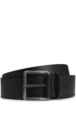 Leather belt with logo buckle