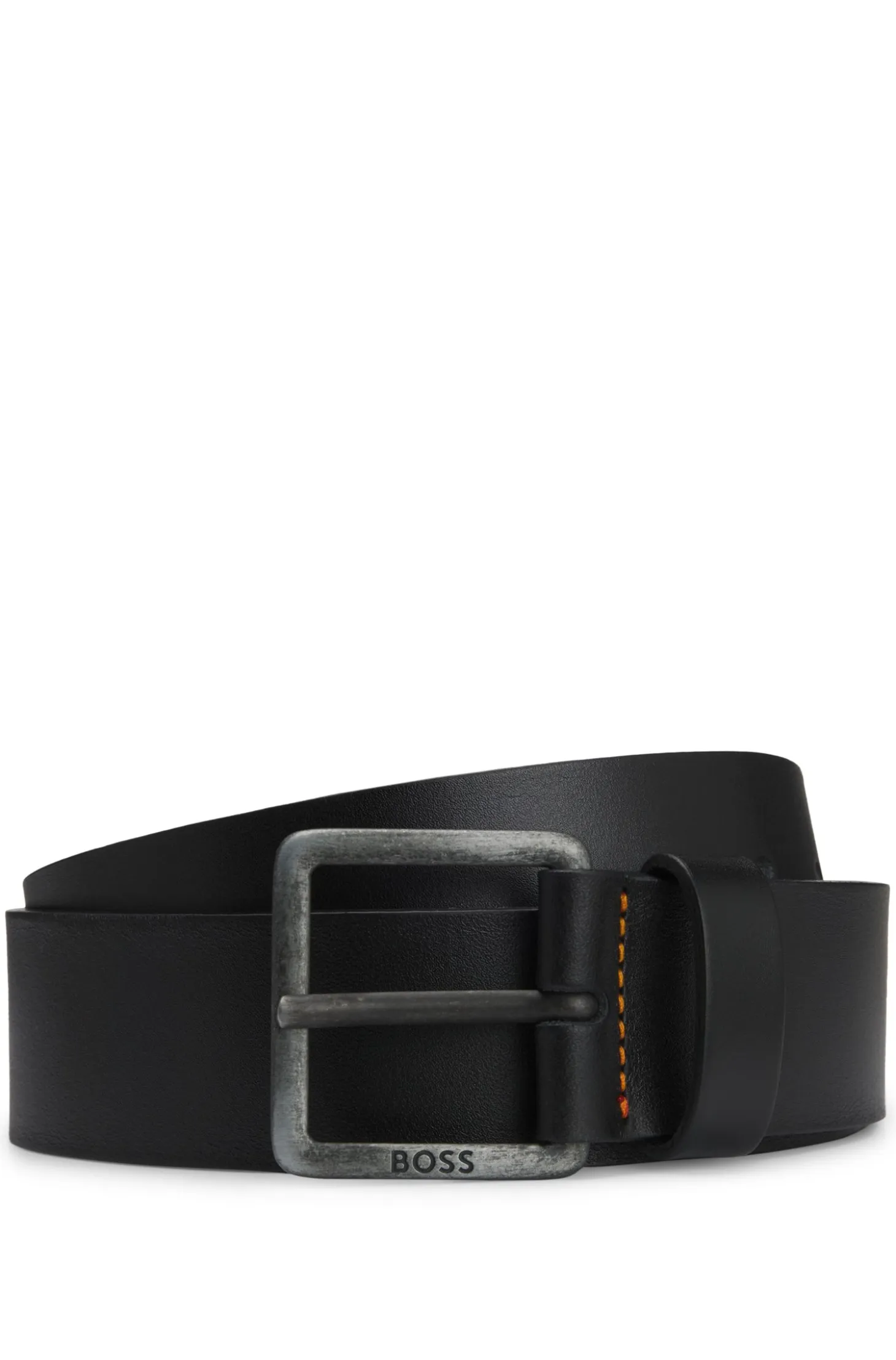 Leather belt with logo buckle