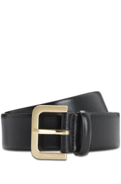 Leather belt with logo-engraved buckle