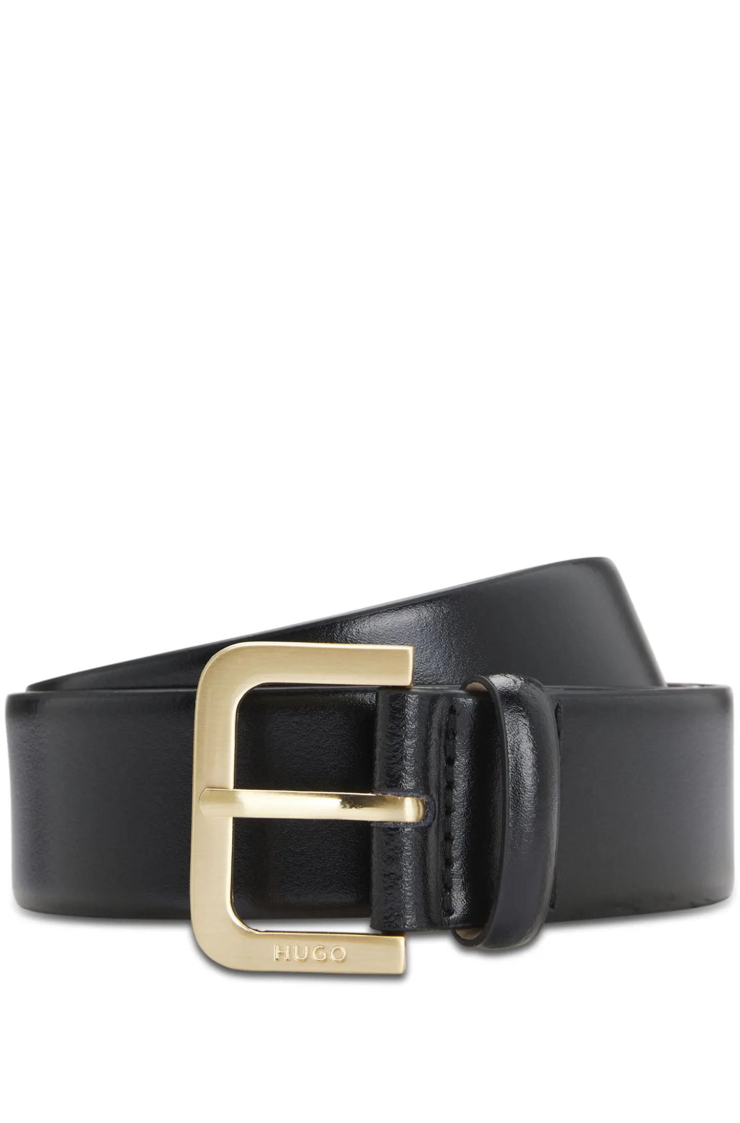 Leather belt with logo-engraved buckle