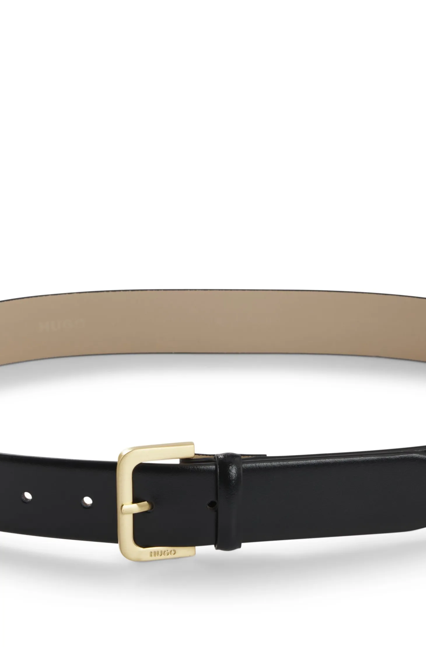 Leather belt with logo-engraved buckle