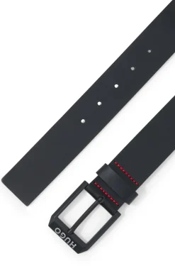 Leather belt with matte-black logo-trim buckle