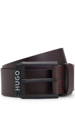 Leather belt with matte-black logo-trim buckle