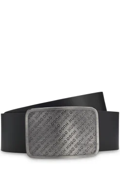 Leather belt with repeat-logo plaque buckle