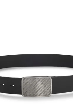 Leather belt with repeat-logo plaque buckle