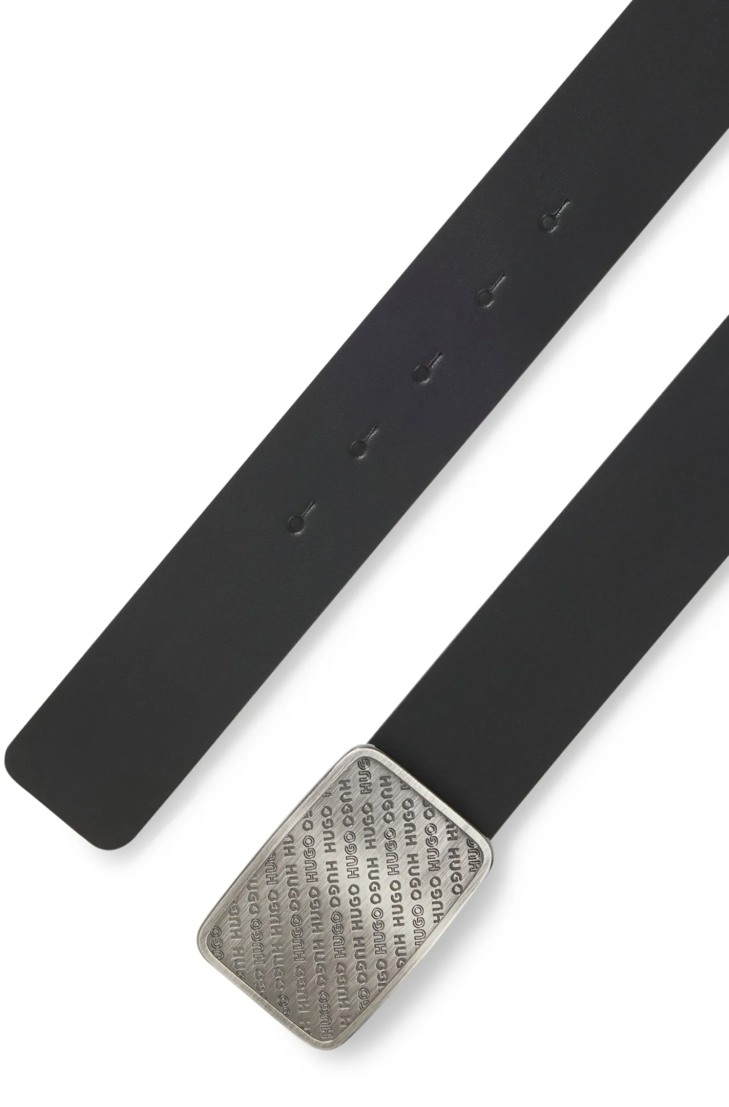 Leather belt with repeat-logo plaque buckle
