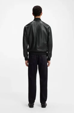 Leather bomber jacket with sleeve pocket