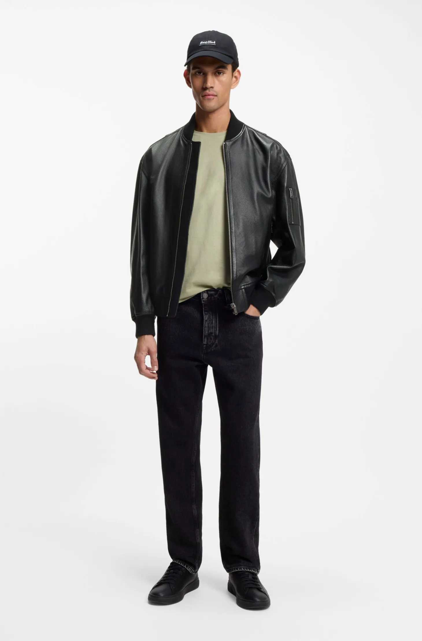 Leather bomber jacket with sleeve pocket