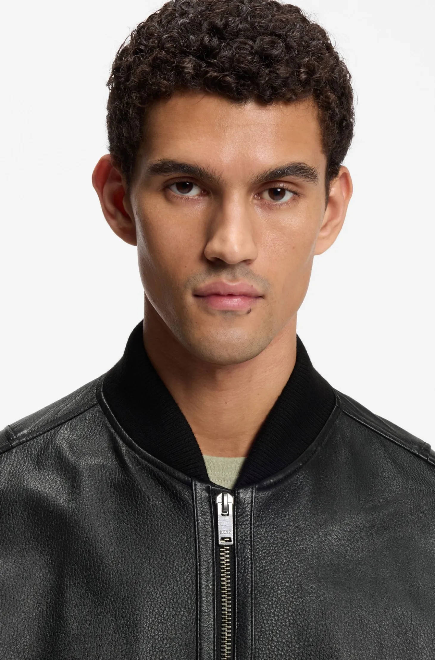 Leather bomber jacket with sleeve pocket