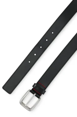 Leather business belt with logo-engraved buckle