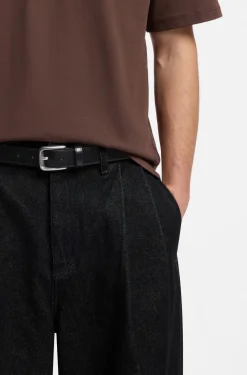 Leather business belt with logo-engraved buckle