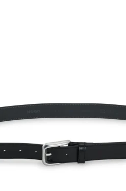 Leather business belt with logo-engraved buckle