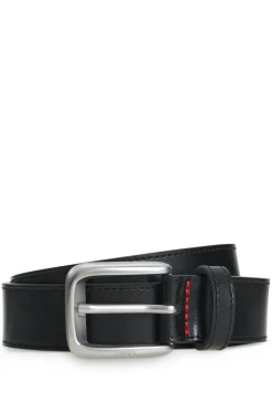 Leather business belt with logo-engraved buckle