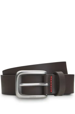 Leather business belt with logo-engraved buckle