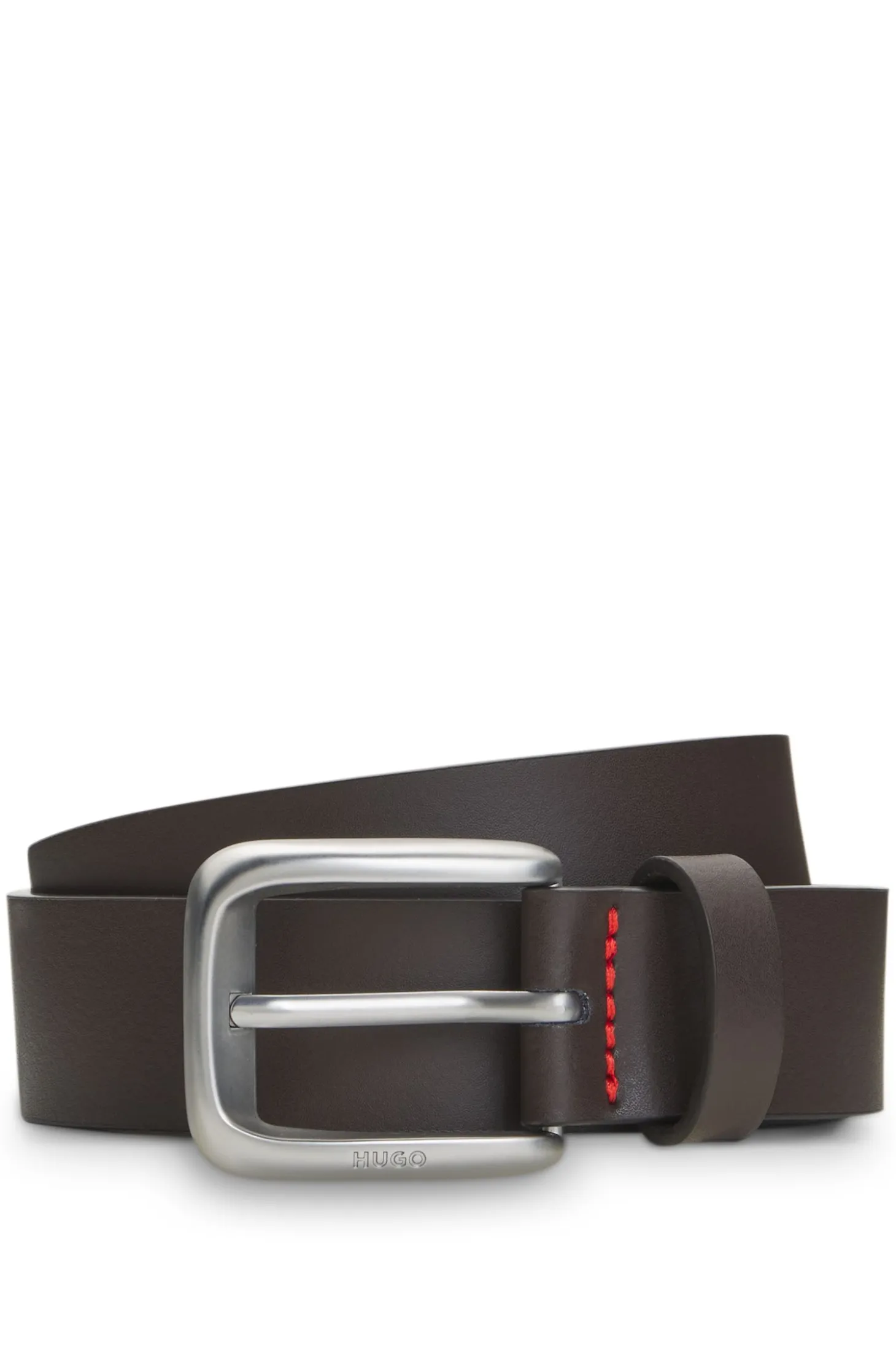 Leather business belt with logo-engraved buckle