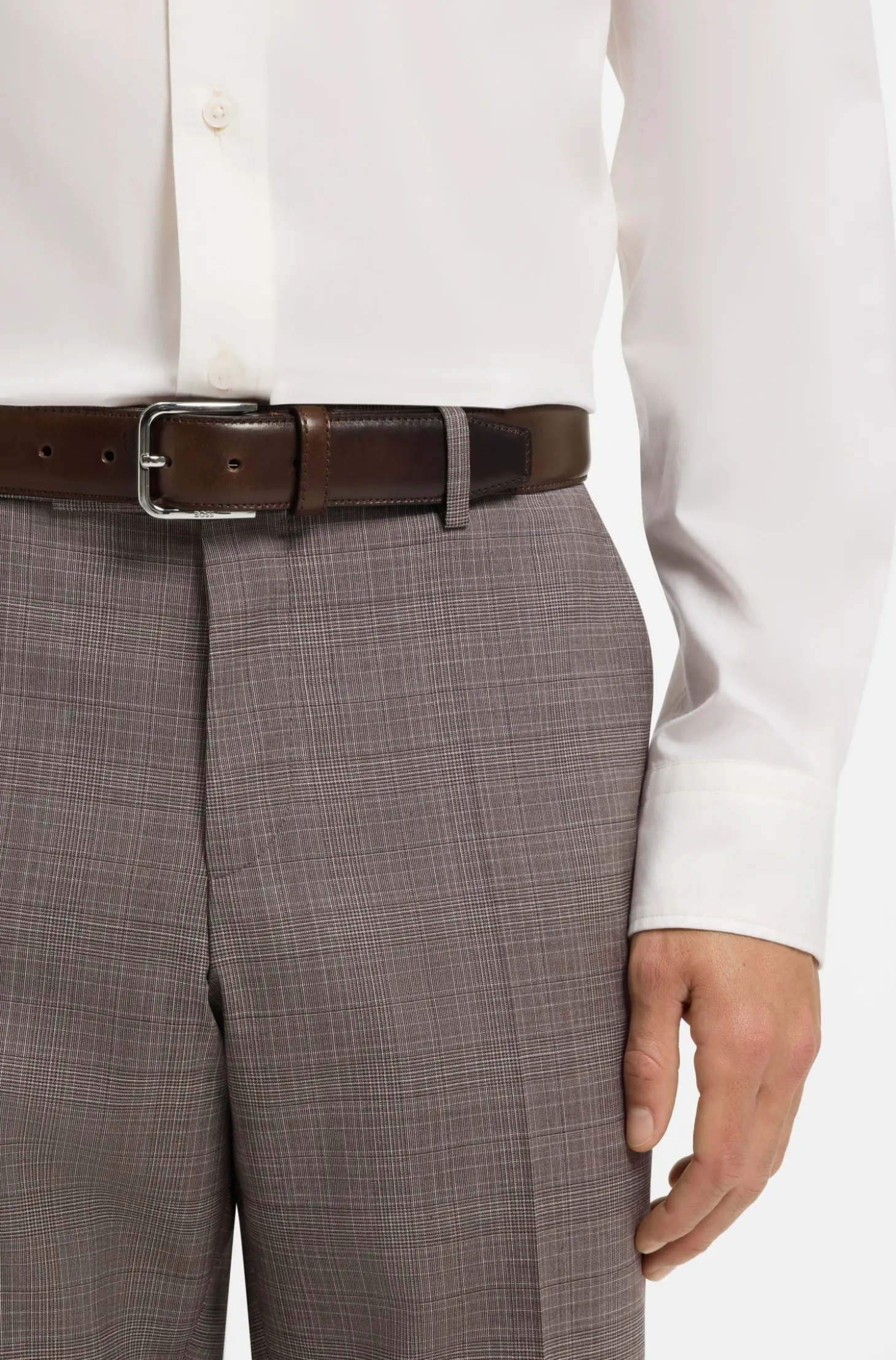 Leather business belt with polished silver buckle