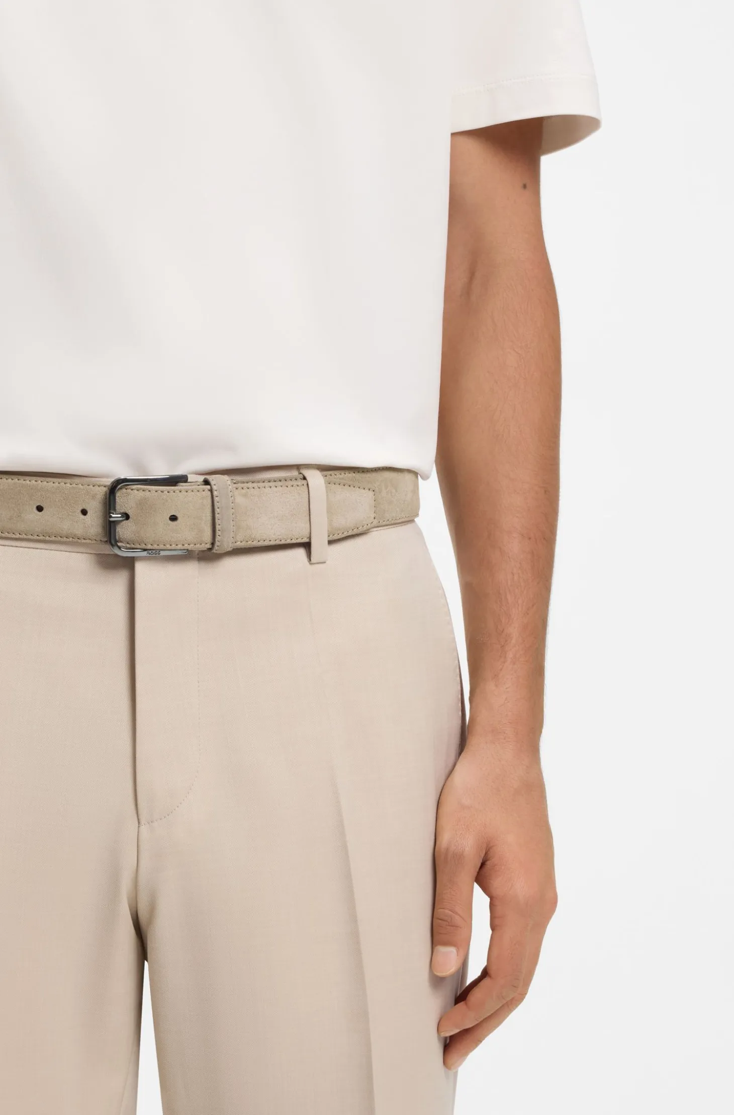 Leather business belt with polished gunmetal buckle