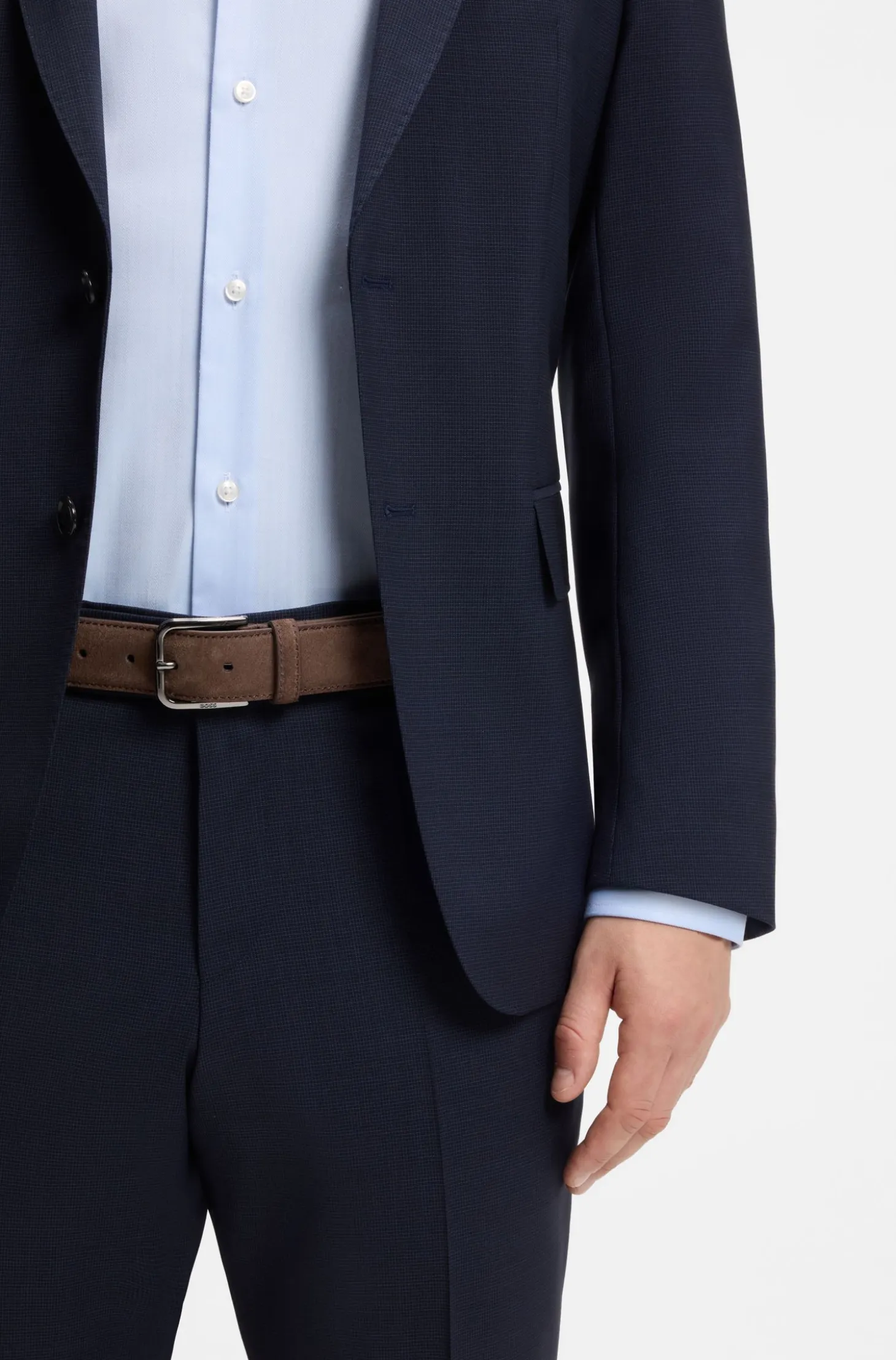 Leather business belt with polished gunmetal buckle