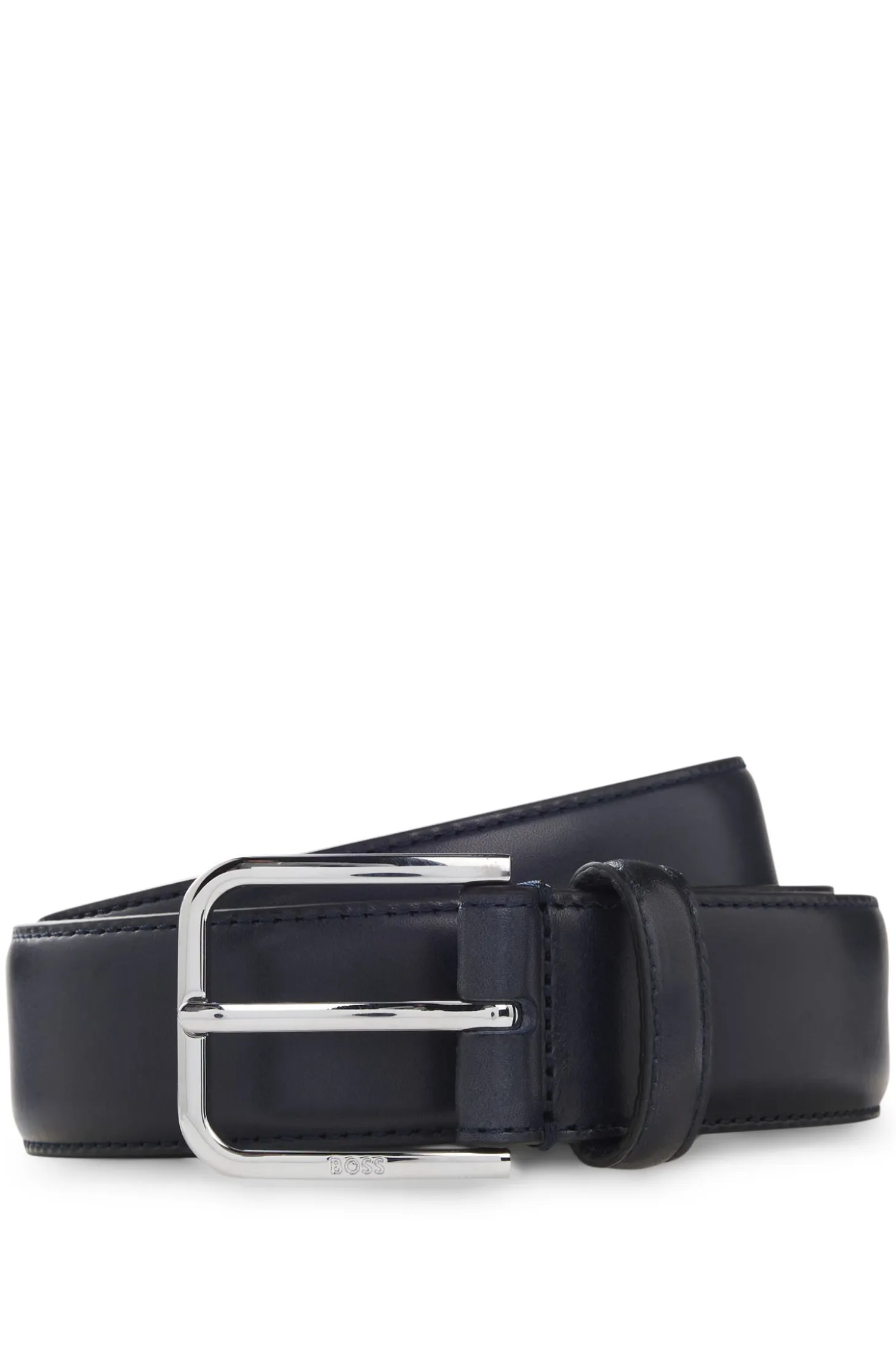 Leather business belt with polished silver buckle